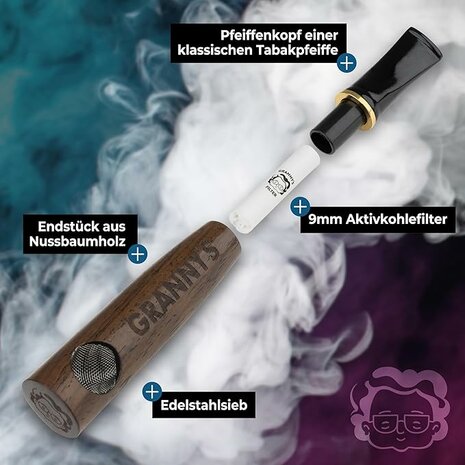  GRANNY'S PREMIUM HOLZPFEIFE MIT 9MM AKTIVKOHLEFILTER | PURPFEIFE